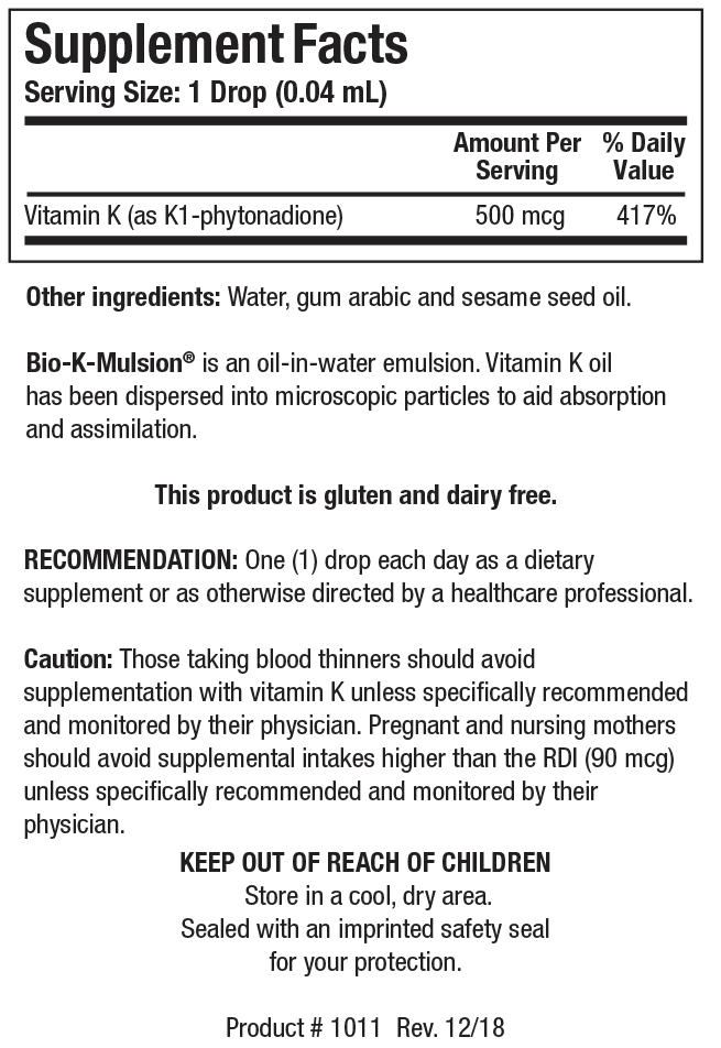 Biotics Research Bio-K-Mulsion 1 Oz Supplies Vitamin K1